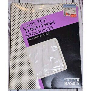Vintage Trend Basics White Lace Top Thigh High Stockings One Size Sandalfoot Toe